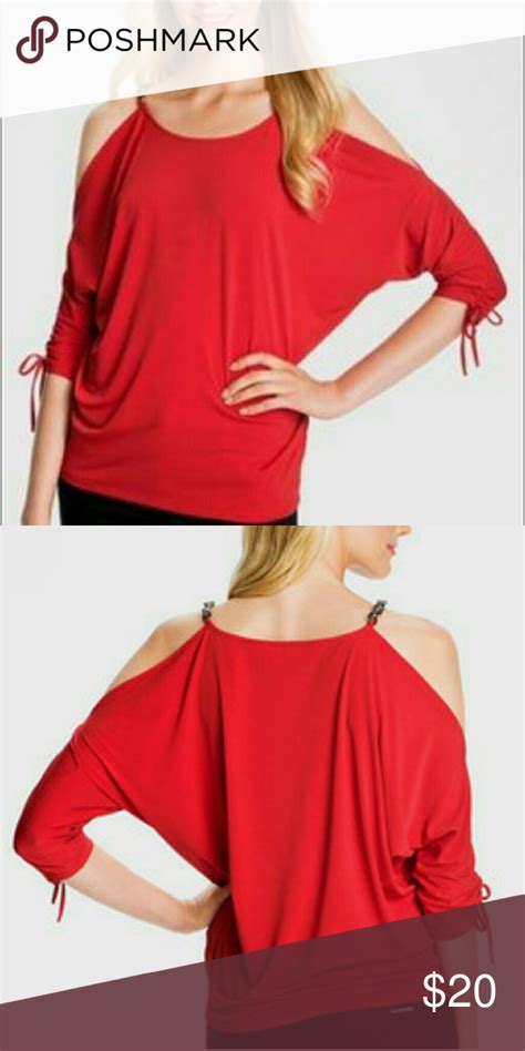 red michael kors long naked shoulder top|michael kors wardrobe tops.